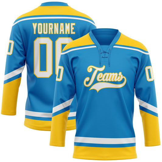 Custom Blue White-Yellow Hockey Lace Neck Jersey - Main View