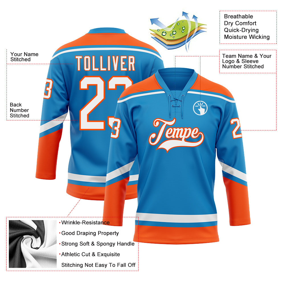 Custom Blue White-Orange Hockey Lace Neck Jersey view 3