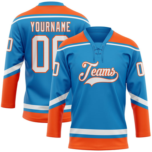 Custom Blue White-Orange Hockey Lace Neck Jersey - Main View
