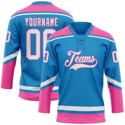 Custom Blue White-Pink Hockey Lace Neck Jersey - Main View