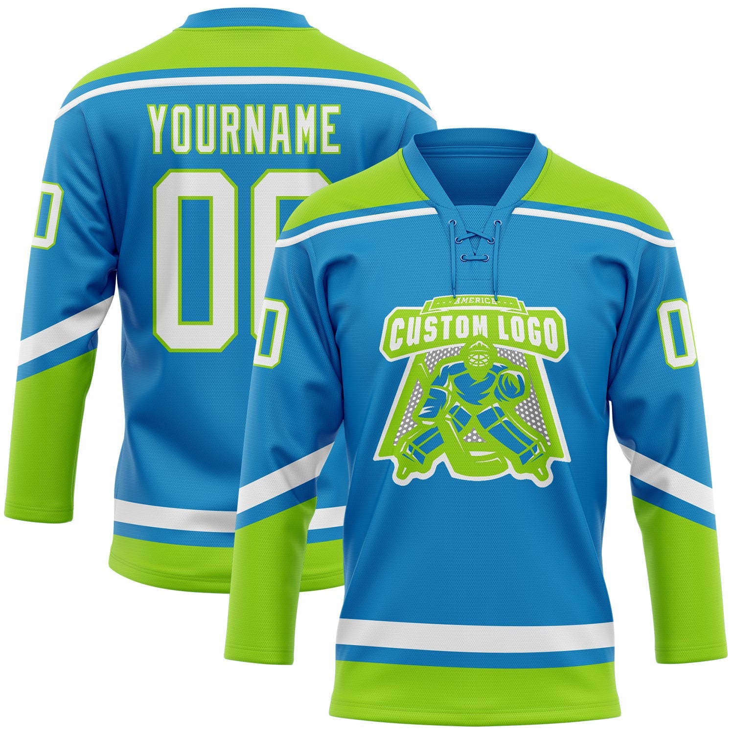 Custom Blue White-Neon Green Hockey Lace Neck Jersey view 2