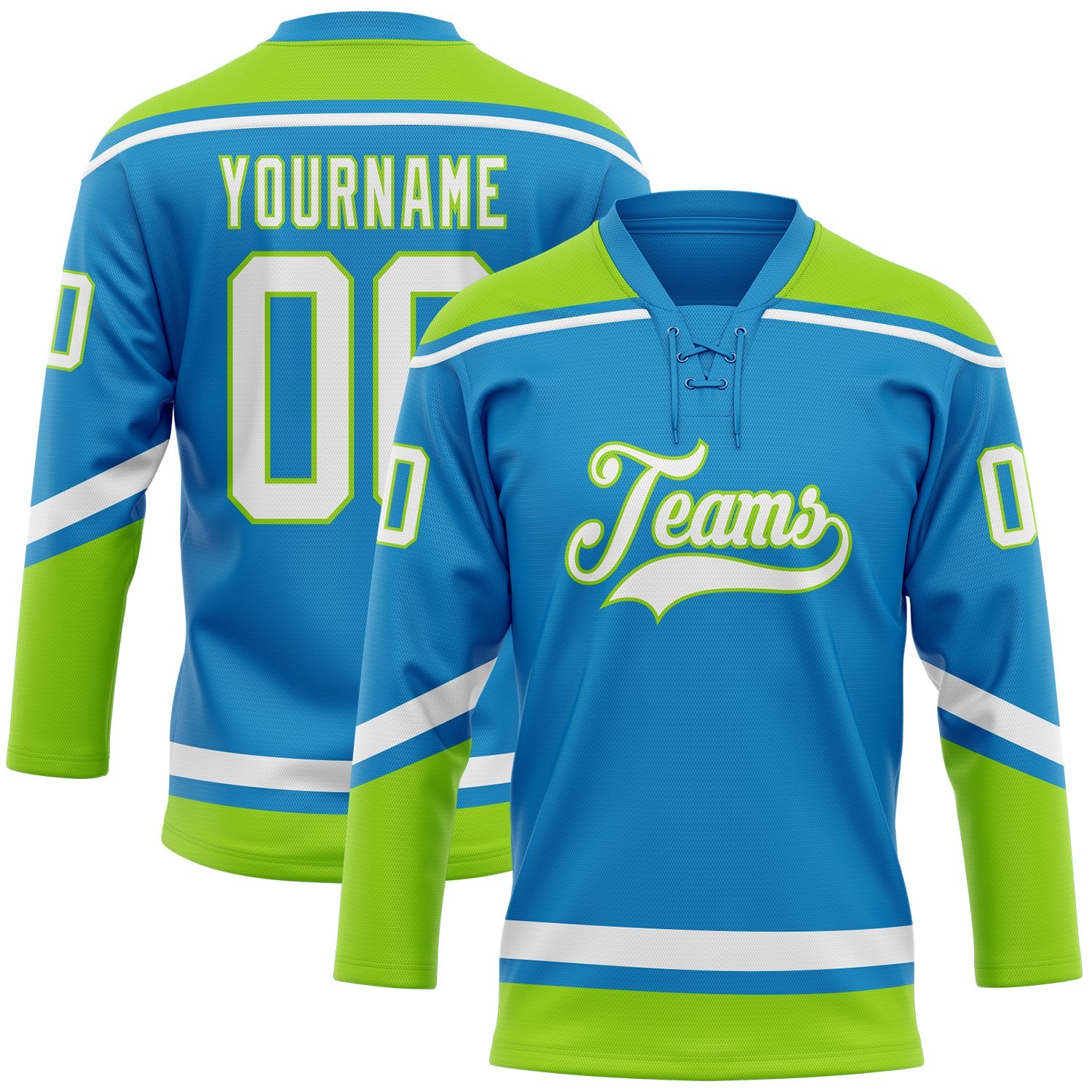 Custom Blue White-Neon Green Hockey Lace Neck Jersey - Main View