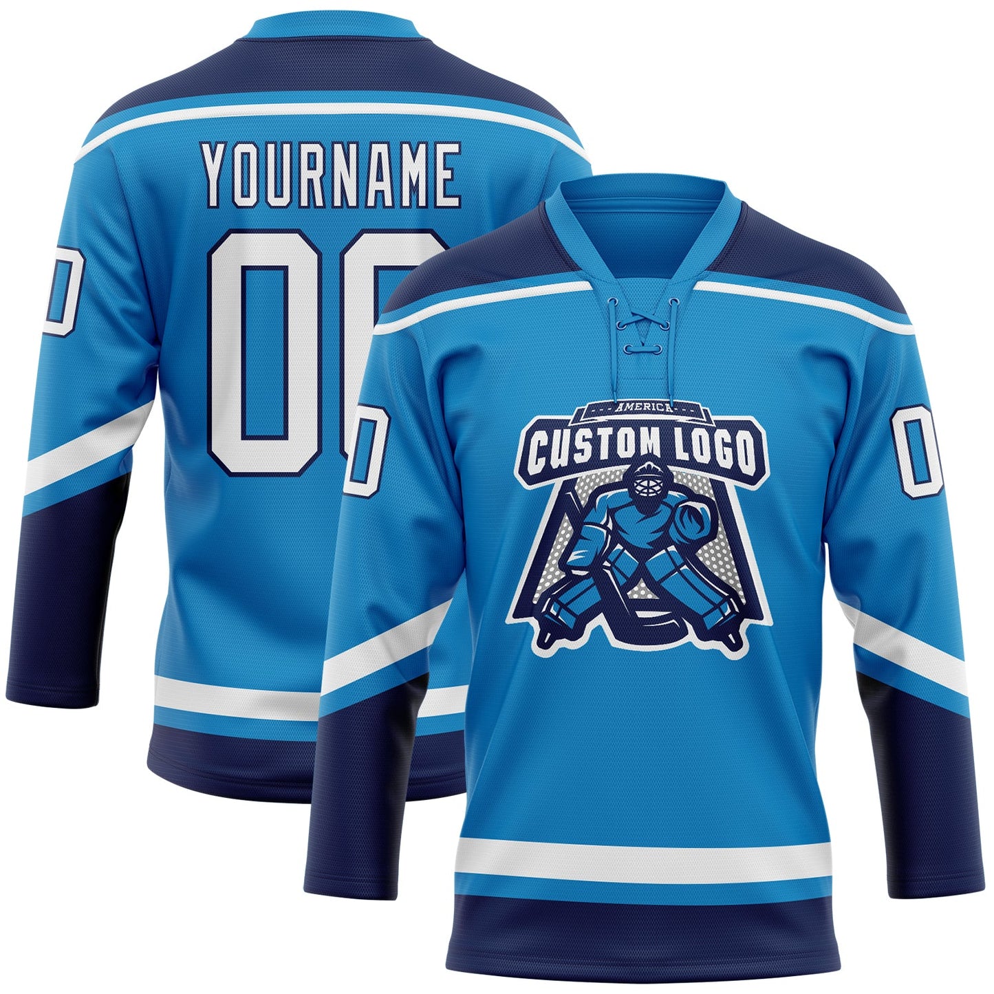Custom Blue White-Navy Hockey Lace Neck Jersey view 2