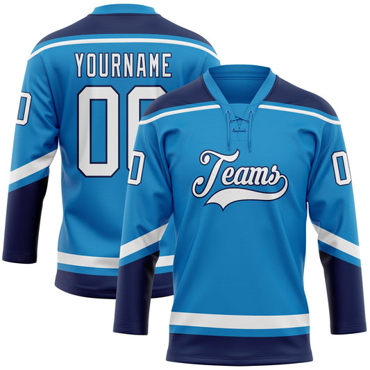 Custom Blue White-Navy Hockey Lace Neck Jersey - Main View