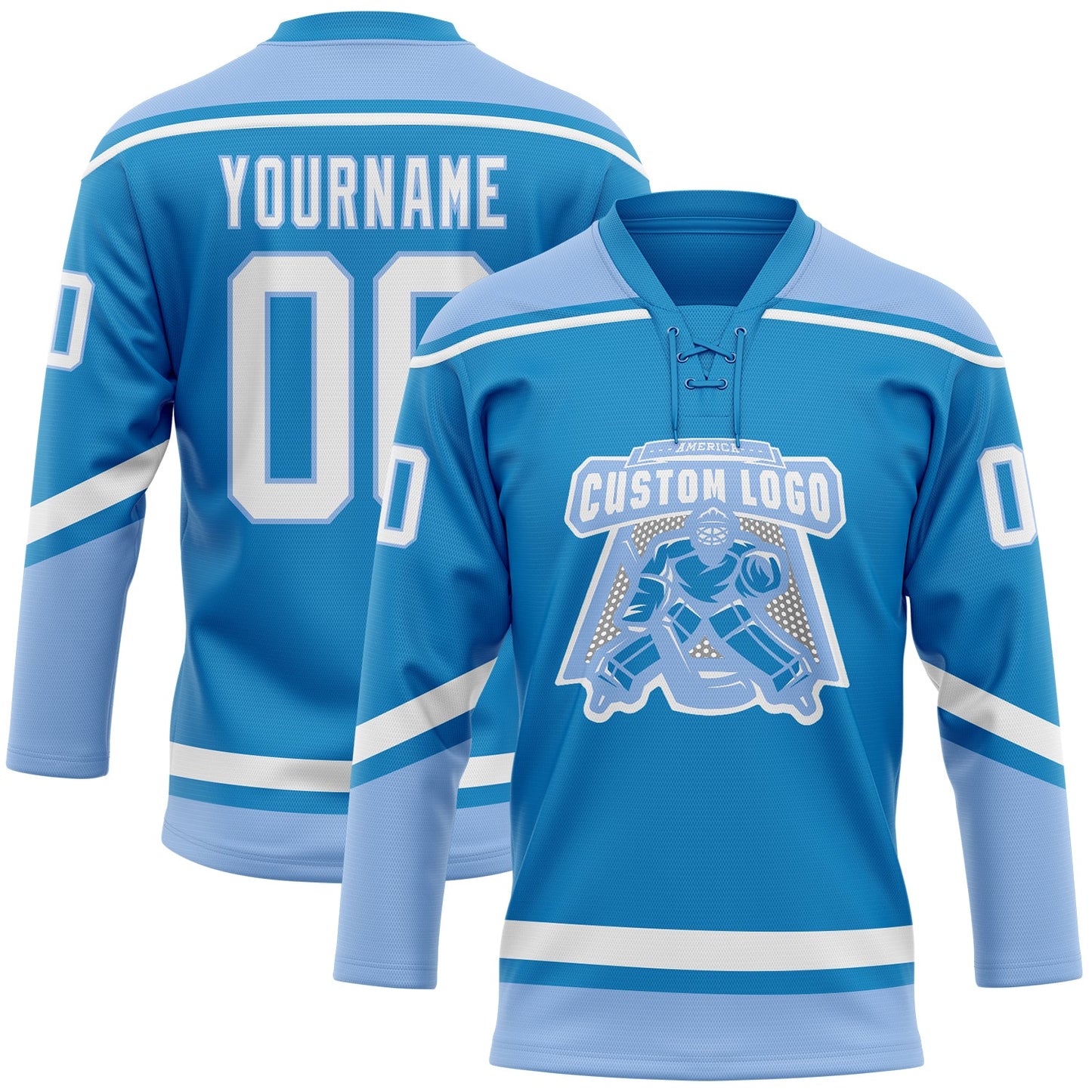 Custom Blue White-Light Blue Hockey Lace Neck Jersey view 2