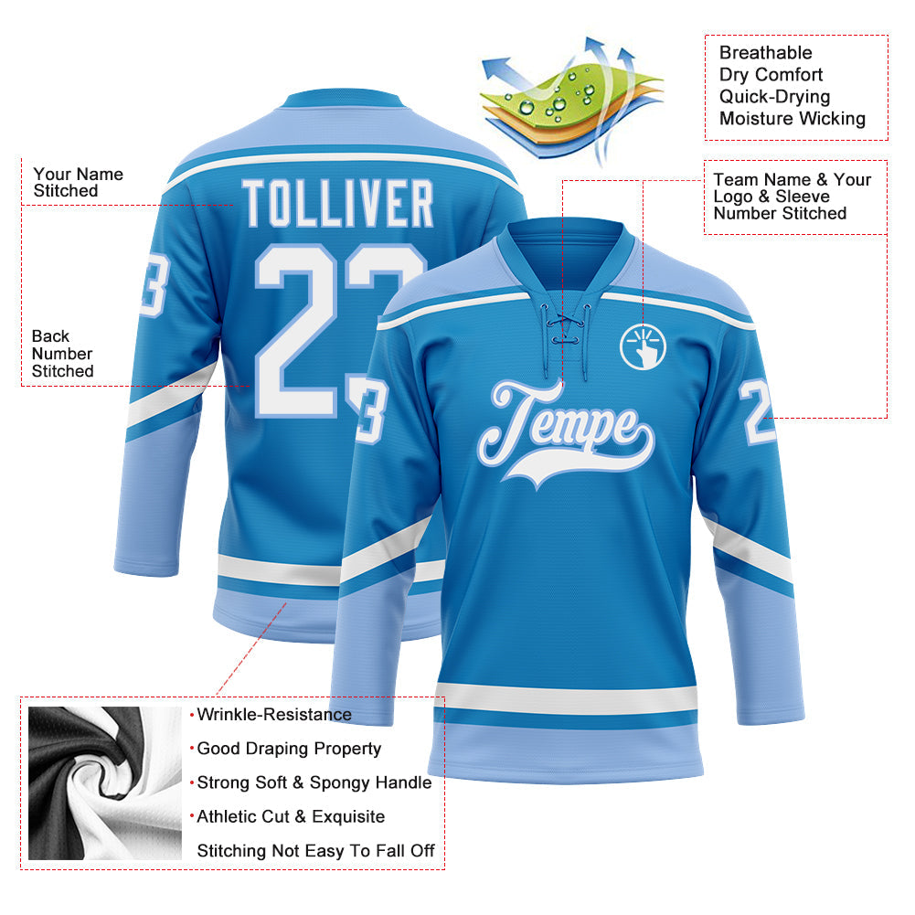 Custom Blue White-Light Blue Hockey Lace Neck Jersey view 3