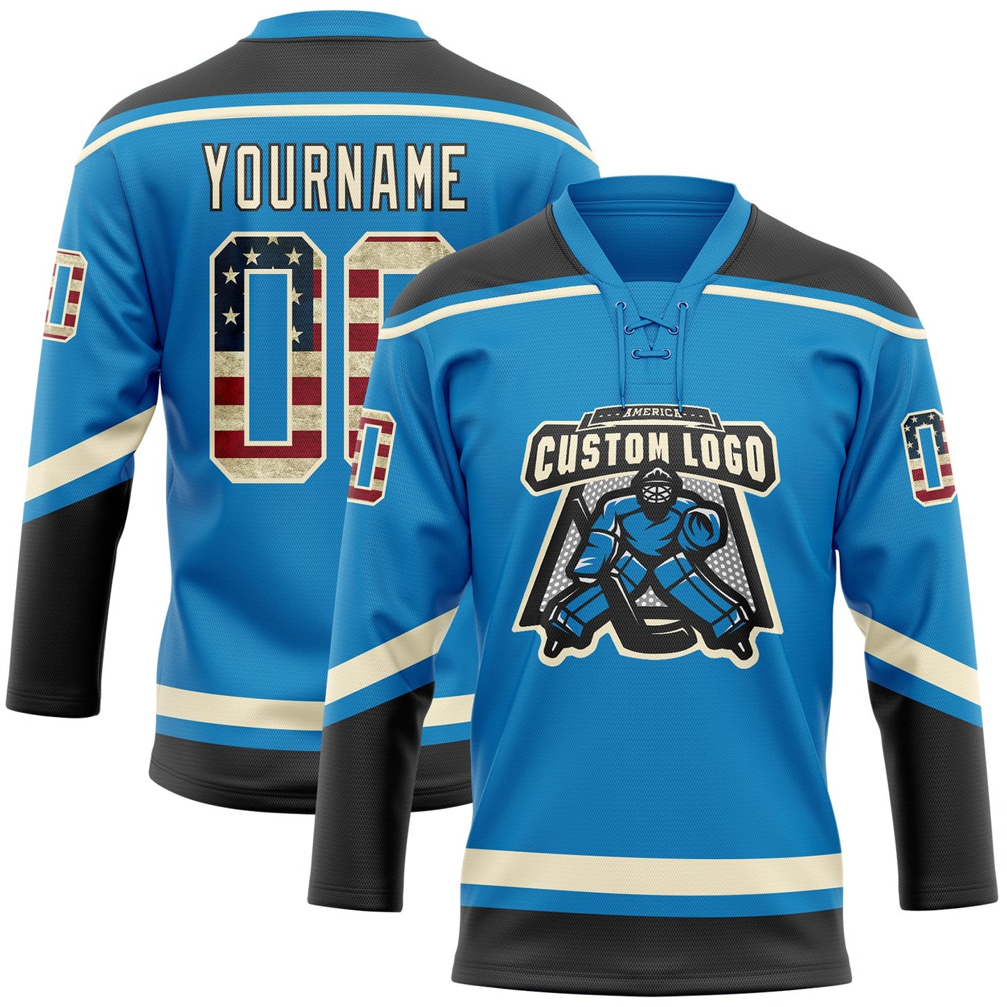 Custom Blue Vintage USA Flag Cream-Black Hockey Lace Neck Jersey view 2