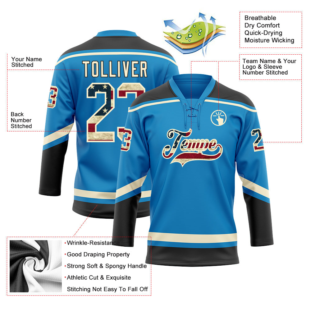 Custom Blue Vintage USA Flag Cream-Black Hockey Lace Neck Jersey view 3