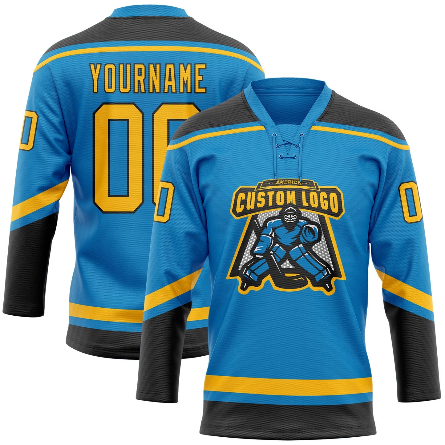 Custom Blue Gold-Black Hockey Lace Neck Jersey view 2