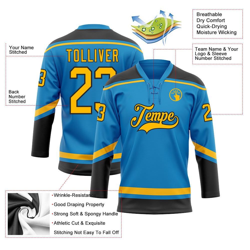 Custom Blue Gold-Black Hockey Lace Neck Jersey view 3