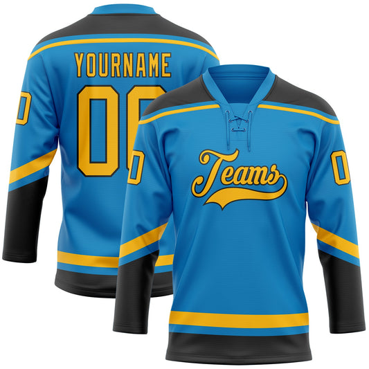 Custom Blue Gold-Black Hockey Lace Neck Jersey - Main View