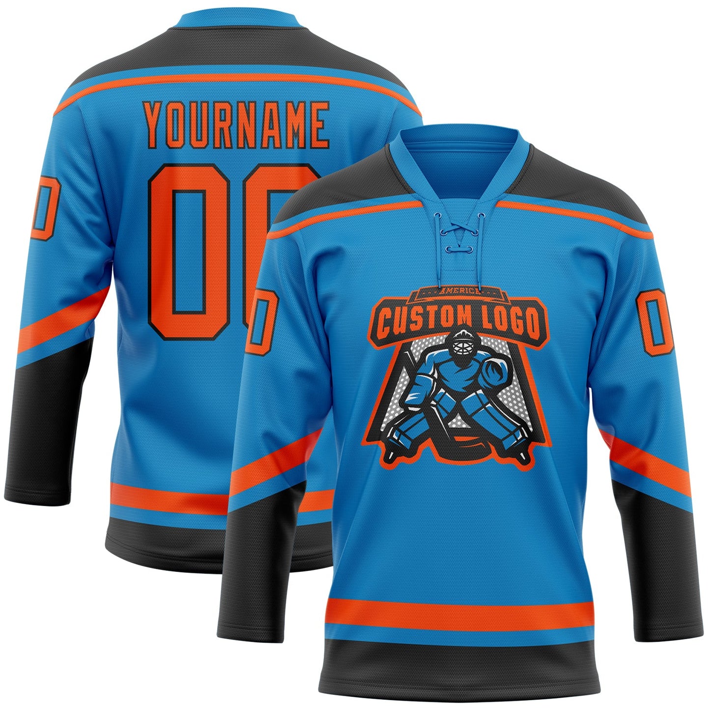 Custom Blue Orange-Black Hockey Lace Neck Jersey view 2