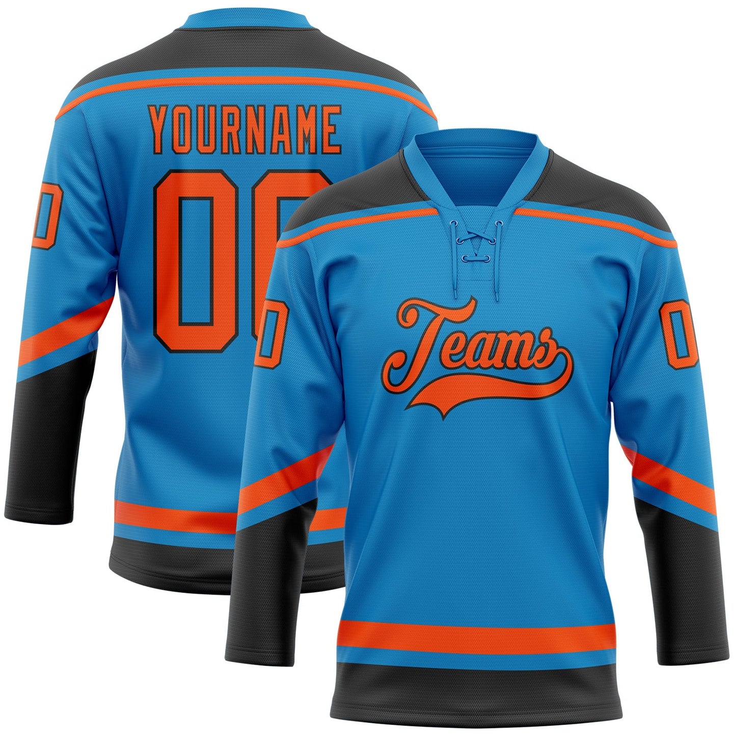 Custom Blue Orange-Black Hockey Lace Neck Jersey - Main View