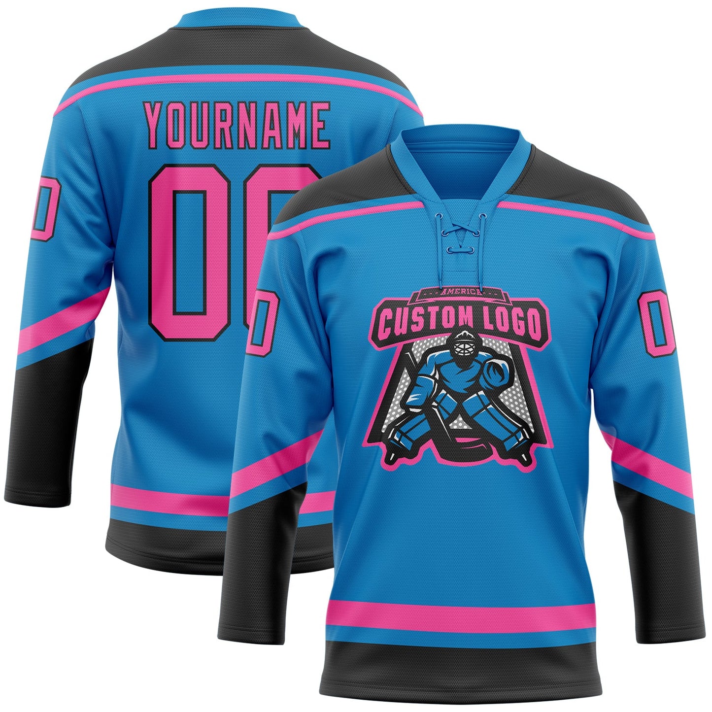 Custom Blue Pink-Black Hockey Lace Neck Jersey view 2