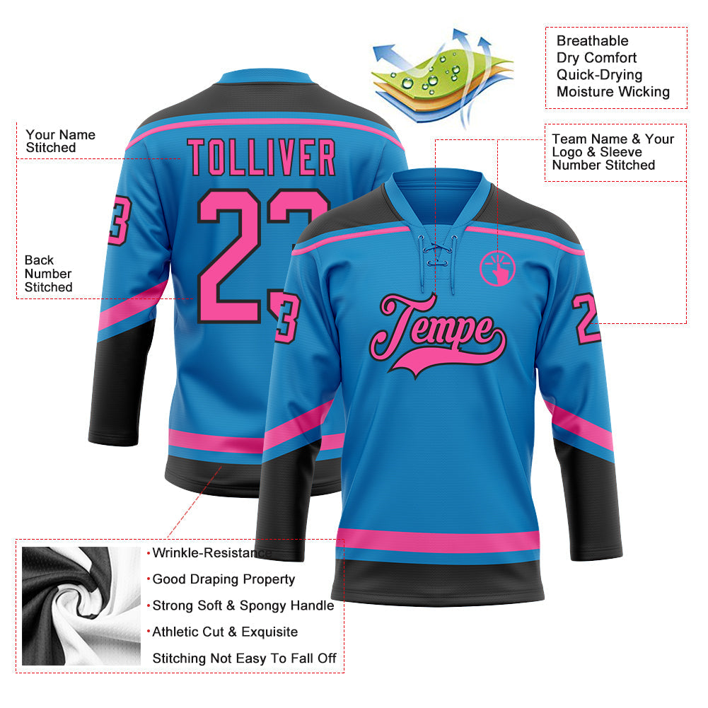 Custom Blue Pink-Black Hockey Lace Neck Jersey view 3