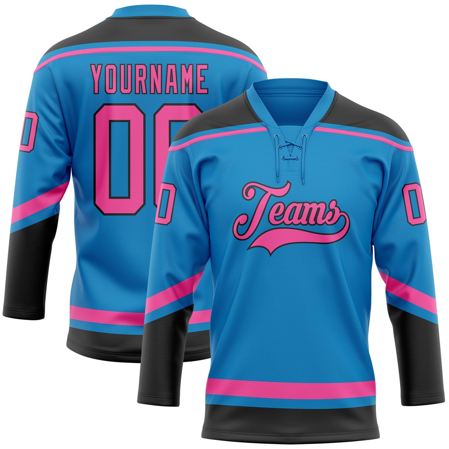 Custom Blue Pink-Black Hockey Lace Neck Jersey - Main View