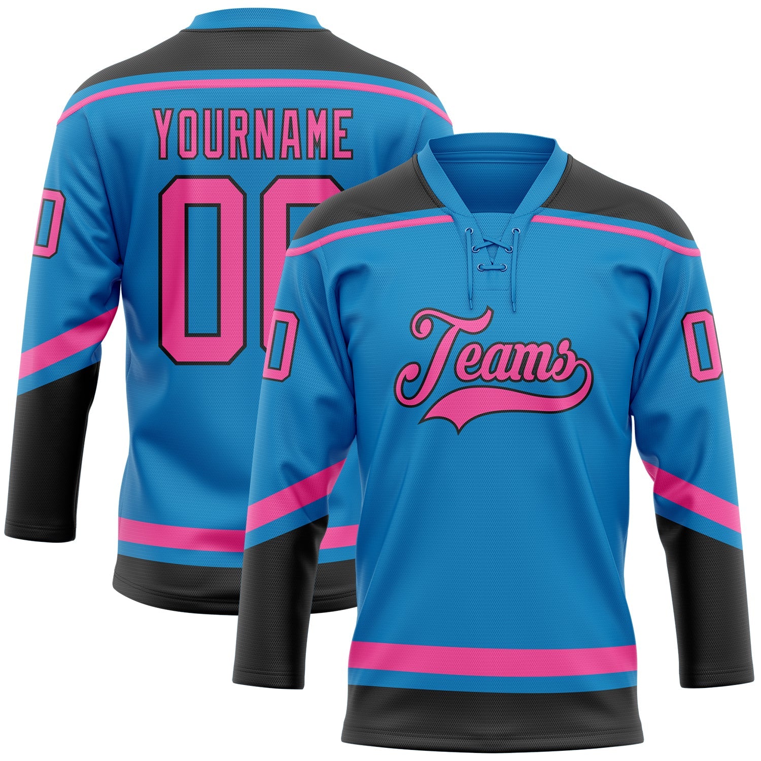 Custom Blue Pink-Black Hockey Lace Neck Jersey - Main View