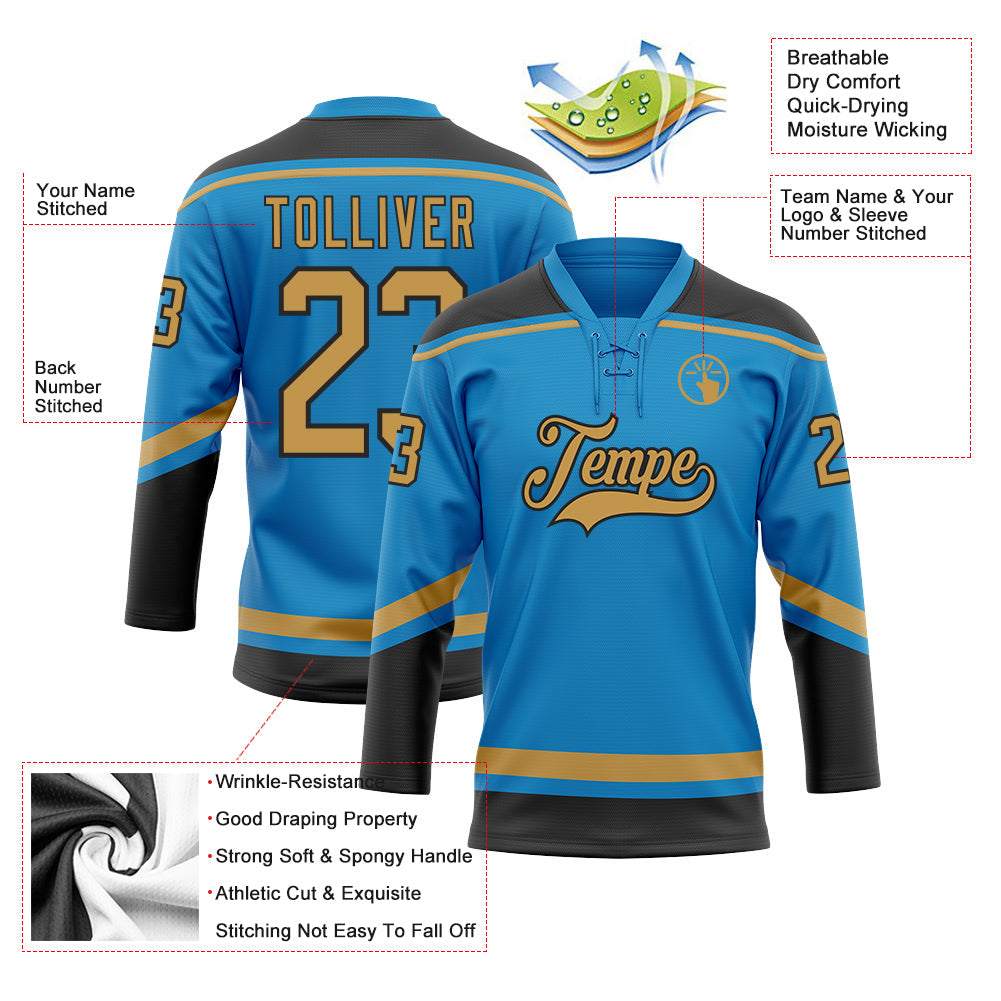 Custom Blue Old Gold-Black Hockey Lace Neck Jersey view 3