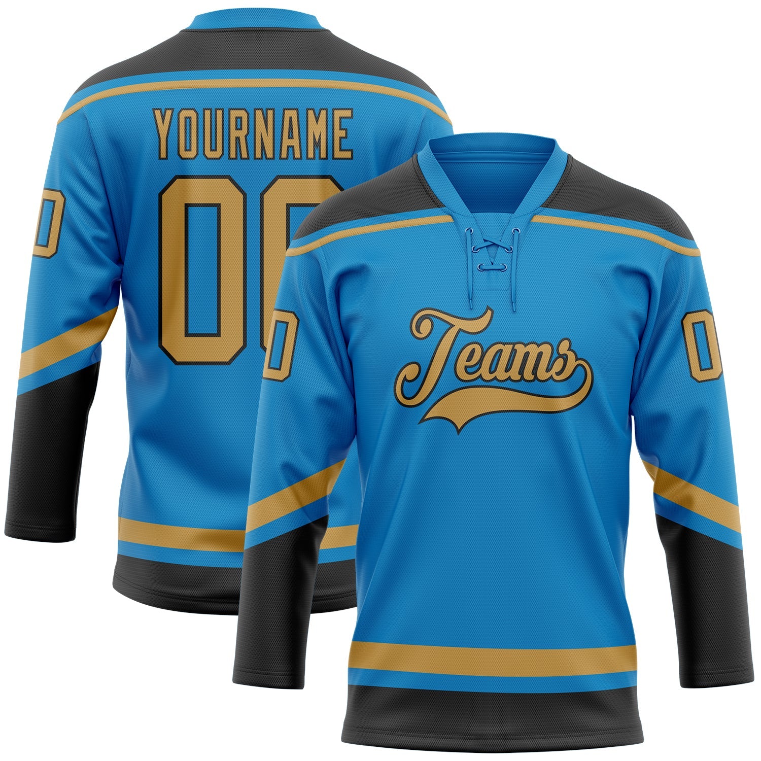Custom Blue Old Gold-Black Hockey Lace Neck Jersey - Main View