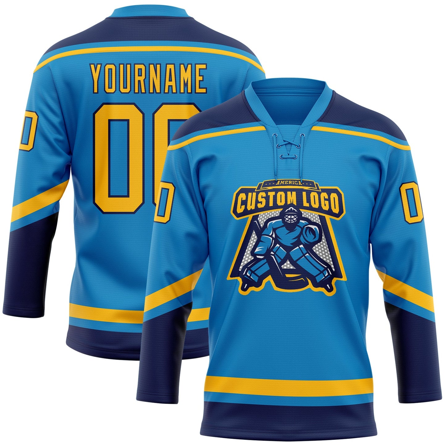 Custom Blue Gold-Navy Hockey Lace Neck Jersey view 2