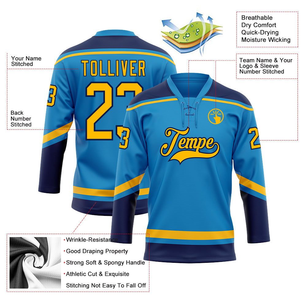 Custom Blue Gold-Navy Hockey Lace Neck Jersey view 3