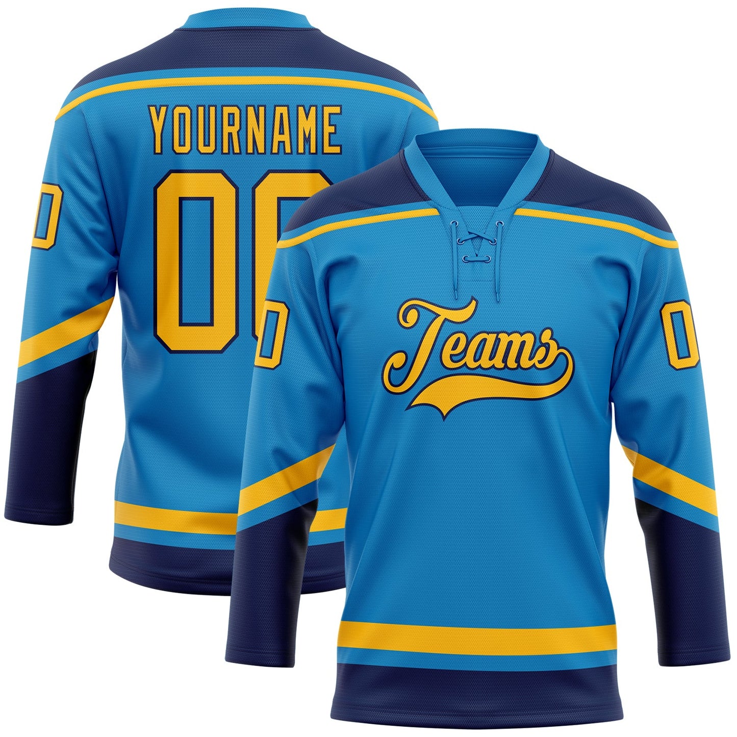 Custom Blue Gold-Navy Hockey Lace Neck Jersey - Main View