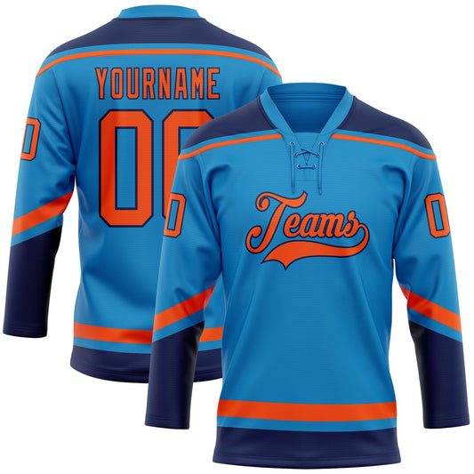 Custom Blue Orange-Navy Hockey Lace Neck Jersey - Main View
