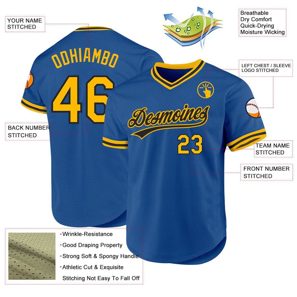 Custom Blue Gold-Black Authentic Throwback Baseball Jersey view 3