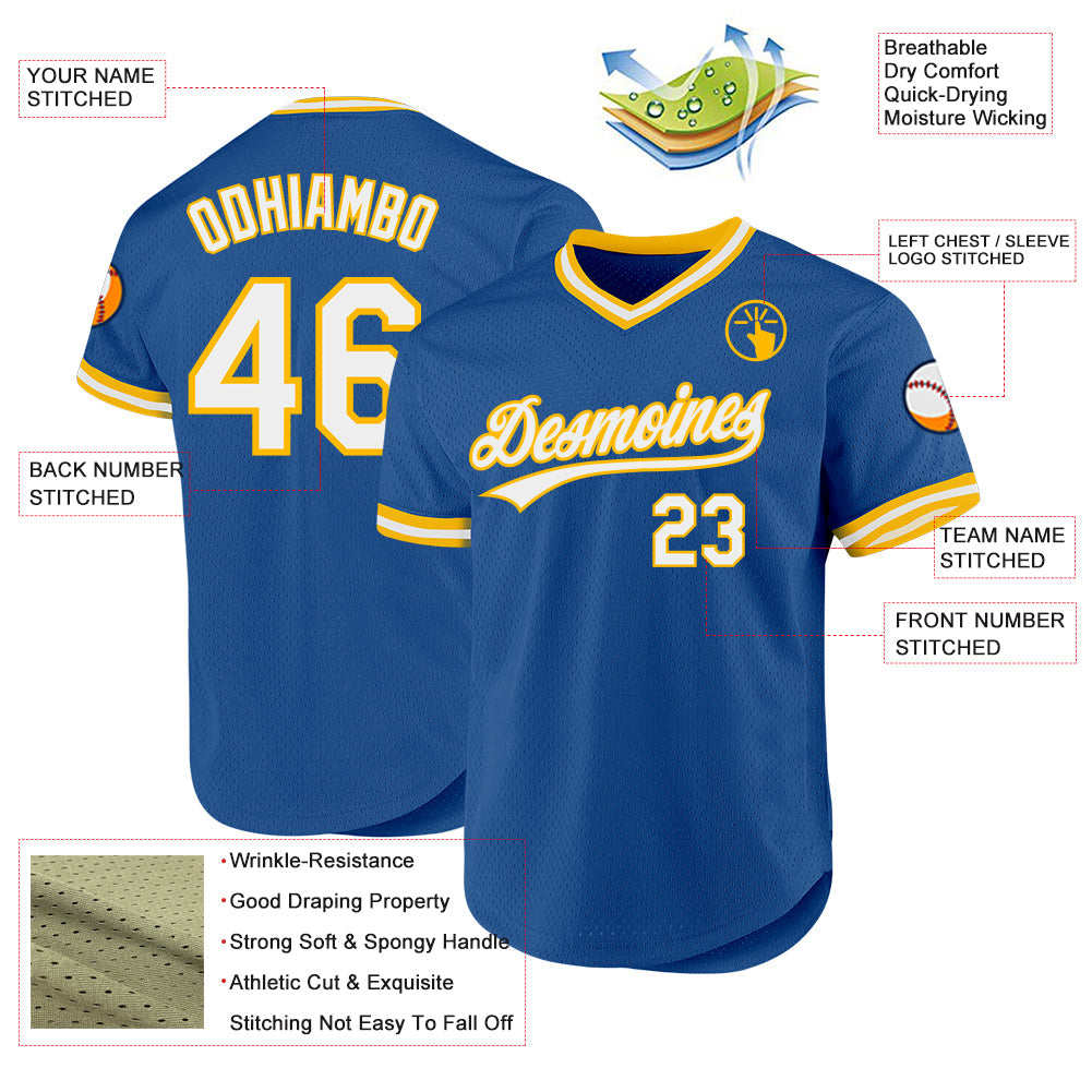 Custom Blue White-Gold Authentic Throwback Baseball Jersey view 3