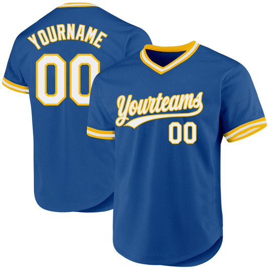 Custom Blue White-Gold Authentic Throwback Baseball Jersey - Main View