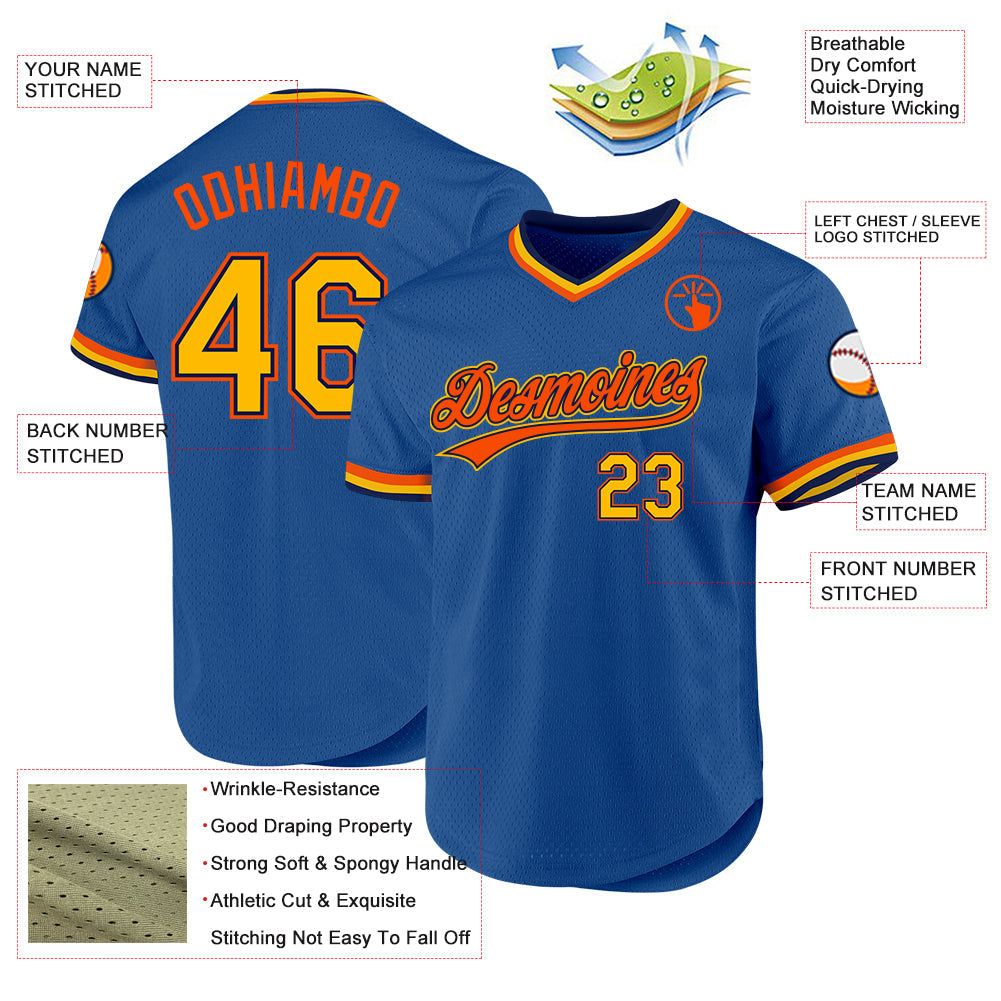 Custom Blue Gold Navy-Orange Authentic Throwback Baseball Jersey view 3