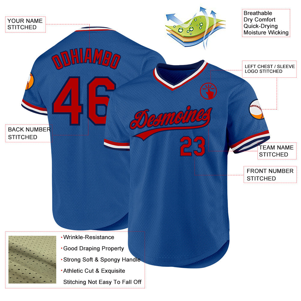 Custom Blue Red-Navy Authentic Throwback Baseball Jersey view 3