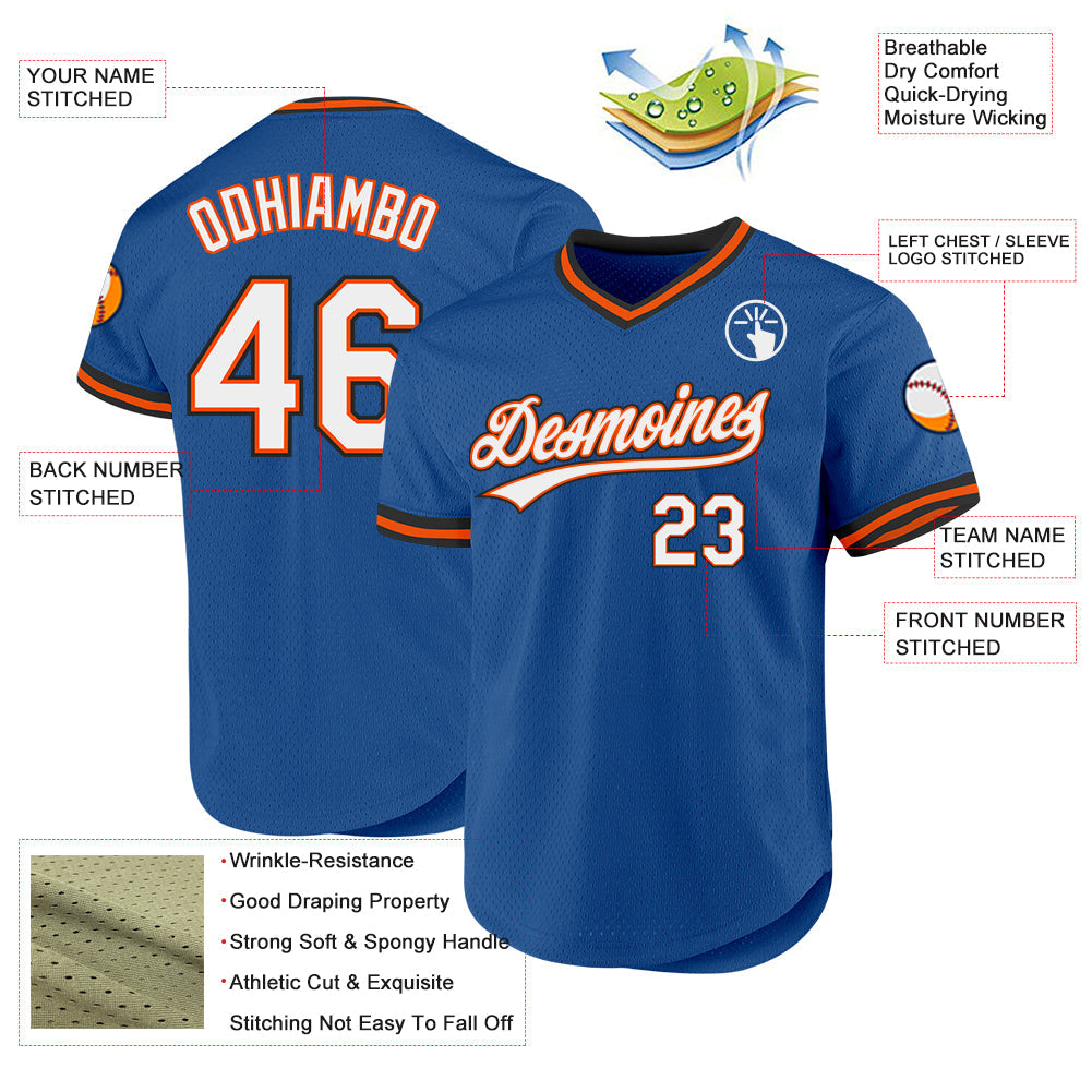 Custom Blue Orange-Black Authentic Throwback Baseball Jersey view 3