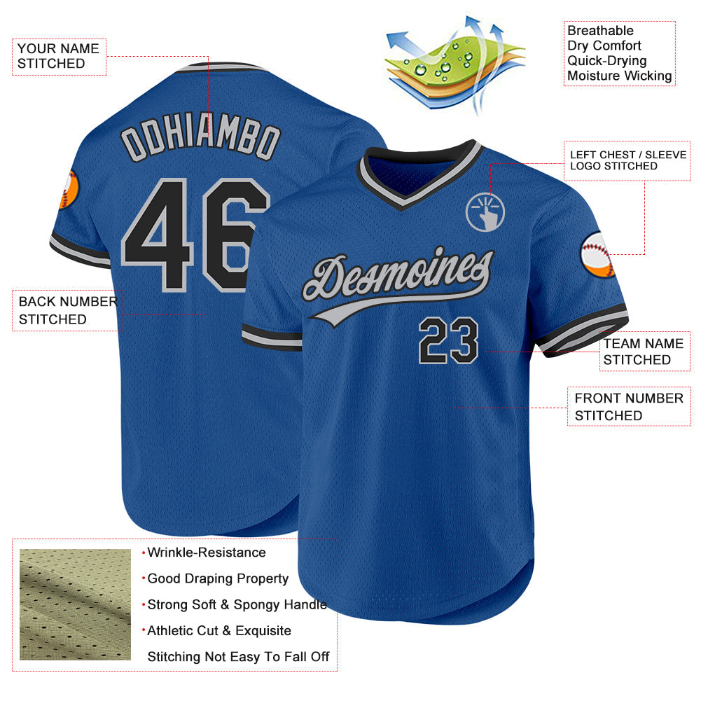 Custom Blue Black-Gray Authentic Throwback Baseball Jersey view 3
