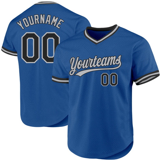 Custom Blue Black-Gray Authentic Throwback Baseball Jersey - Main View