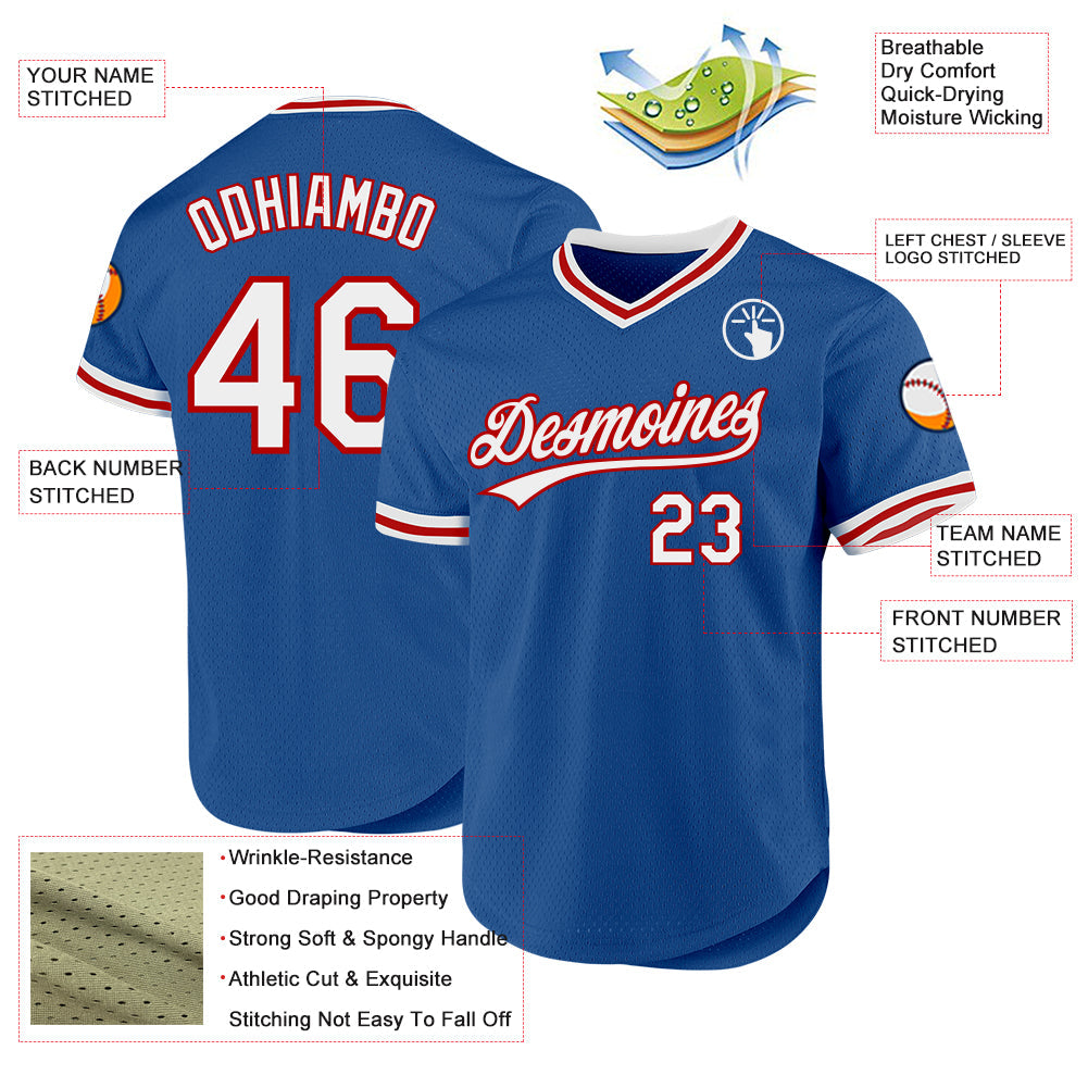 Custom Blue White-Red Authentic Throwback Baseball Jersey view 3