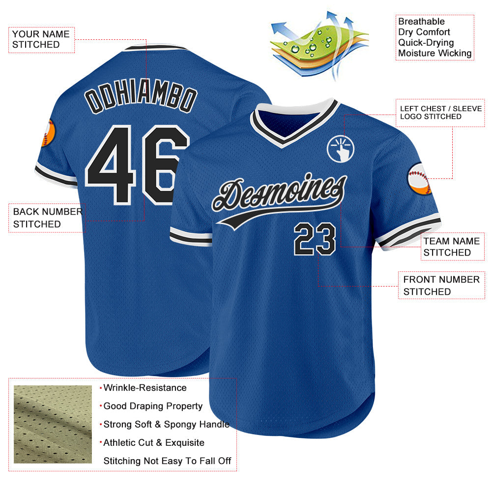 Custom Blue Black-White Authentic Throwback Baseball Jersey view 3