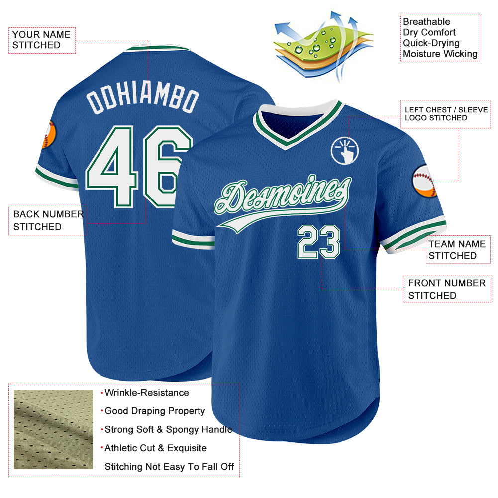Custom Blue White-Kelly Green Authentic Throwback Baseball Jersey view 3