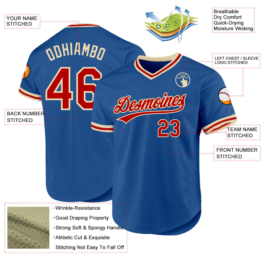 Custom Blue Red-Cream Authentic Throwback Baseball Jersey view 3
