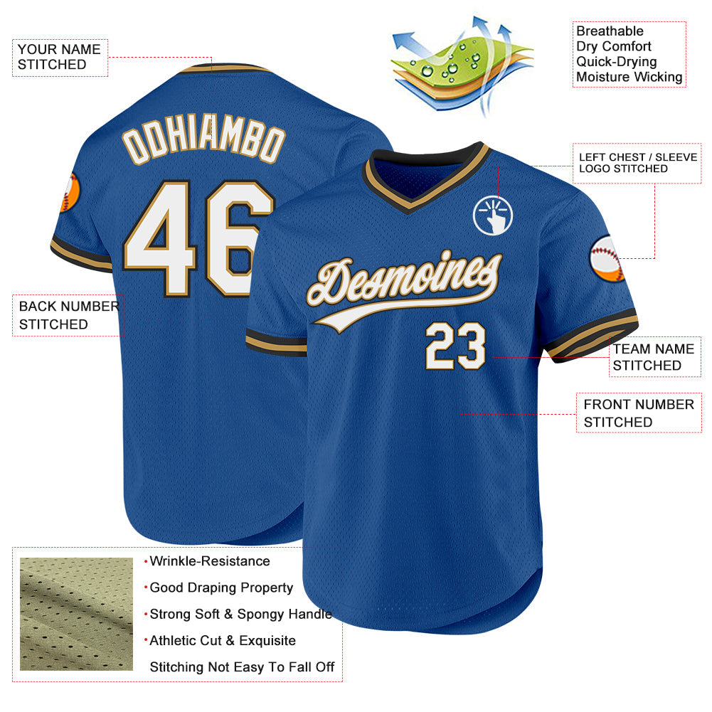 Custom Blue Old Gold-Black Authentic Throwback Baseball Jersey view 3