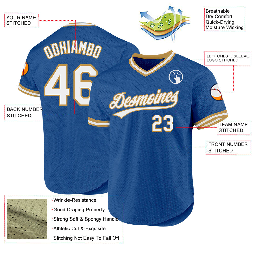 Custom Blue White-Old Gold Authentic Throwback Baseball Jersey view 3