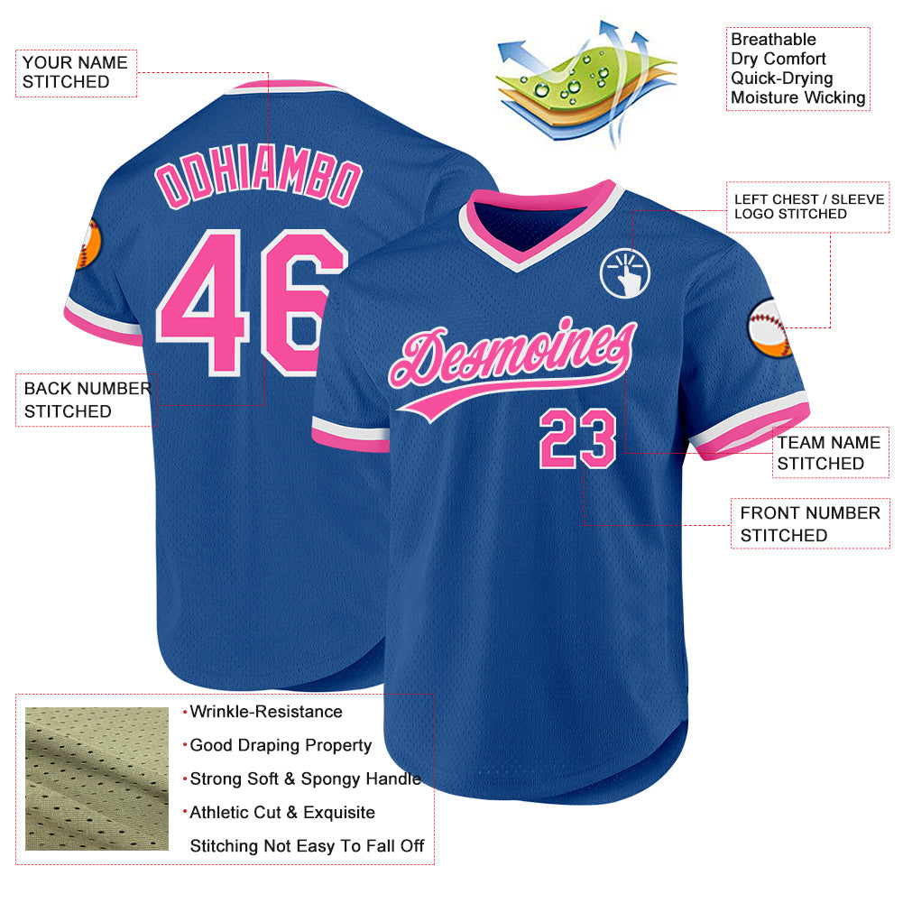 Custom Blue Pink-White Authentic Throwback Baseball Jersey view 3