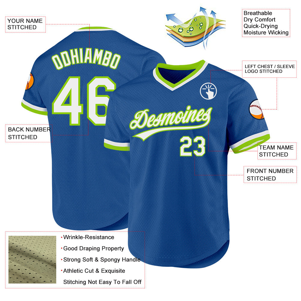 Custom Blue White-Neon Green Authentic Throwback Baseball Jersey view 3