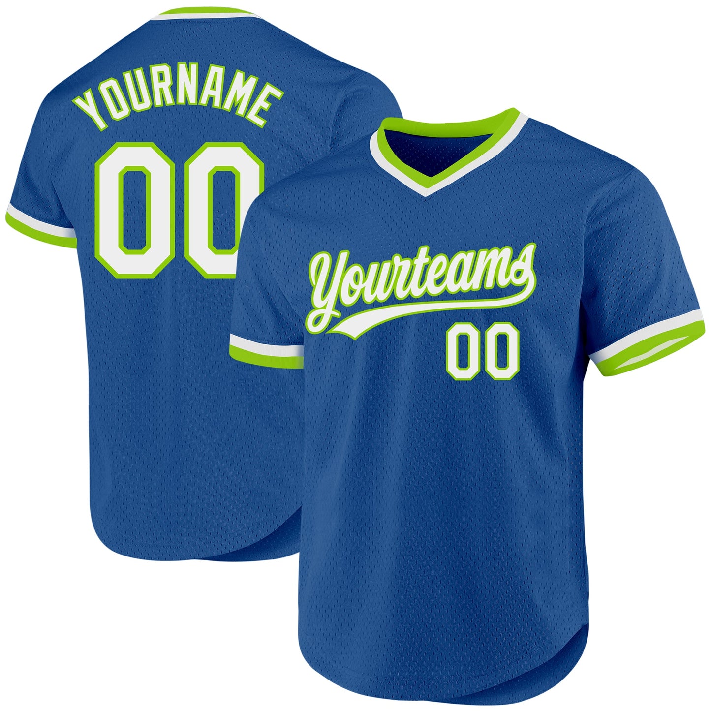 Custom Blue White-Neon Green Authentic Throwback Baseball Jersey - Main View