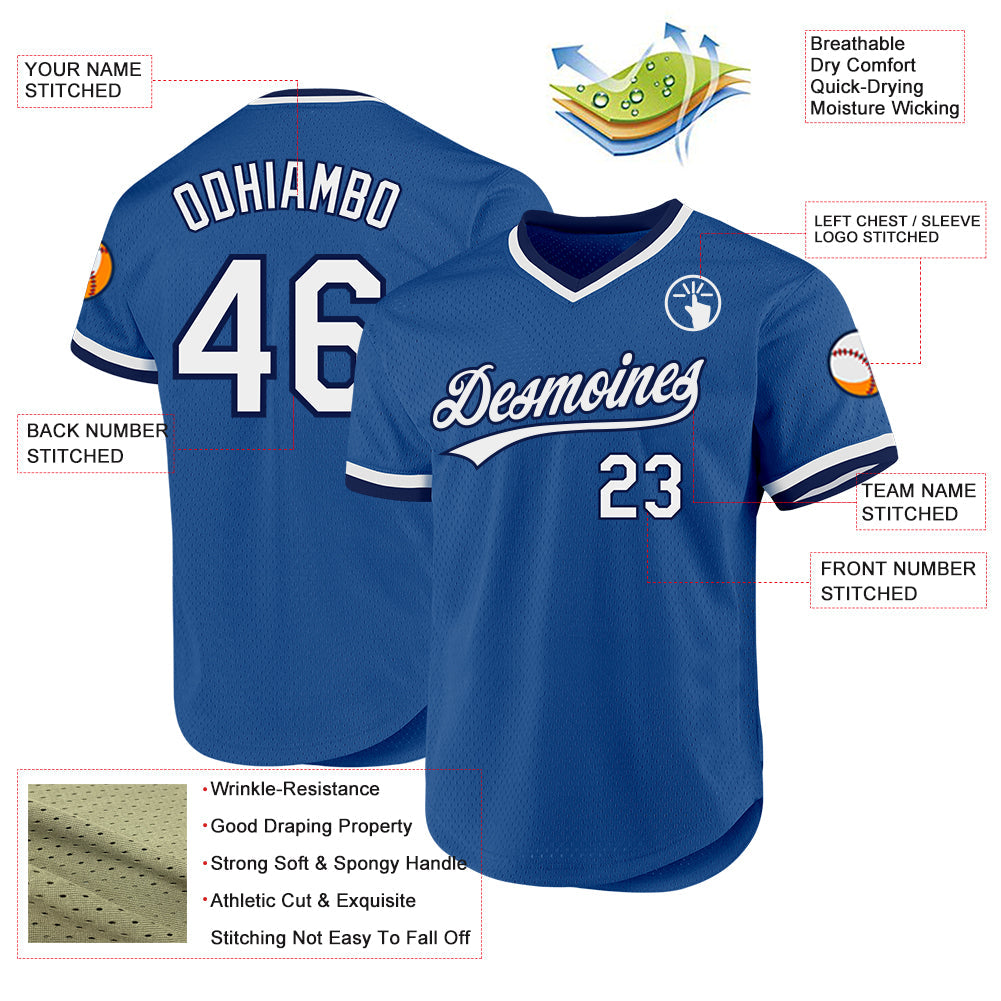 Custom Blue White-Navy Authentic Throwback Baseball Jersey view 3
