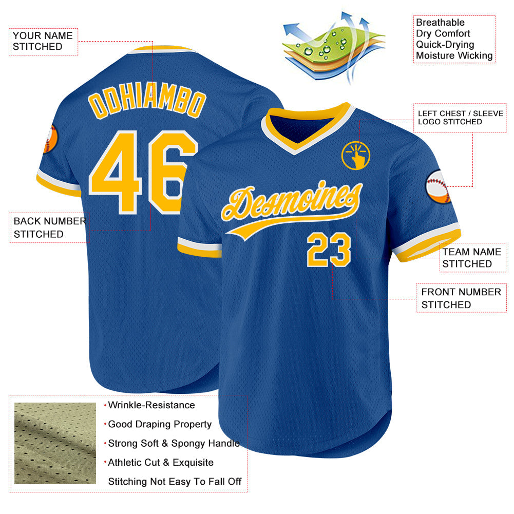 Custom Blue Gold-White Authentic Throwback Baseball Jersey view 3