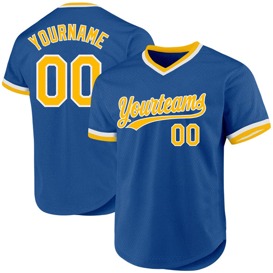 Custom Blue Gold-White Authentic Throwback Baseball Jersey - Main View