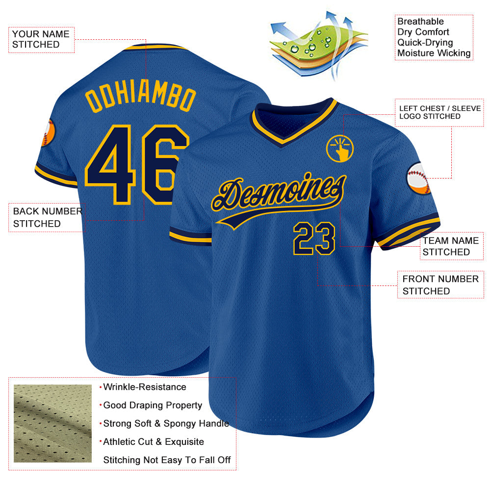Custom Blue Navy-Gold Authentic Throwback Baseball Jersey view 3