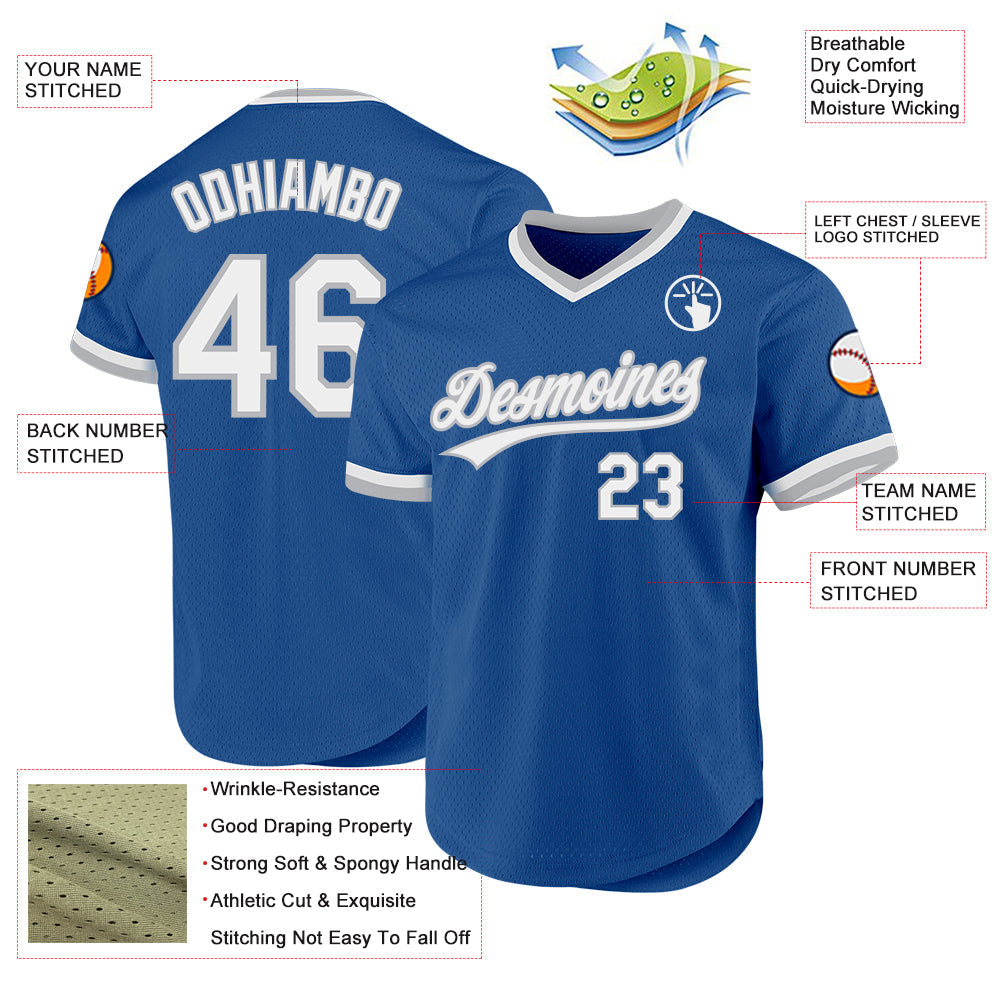 Custom Blue White-Gray Authentic Throwback Baseball Jersey view 3