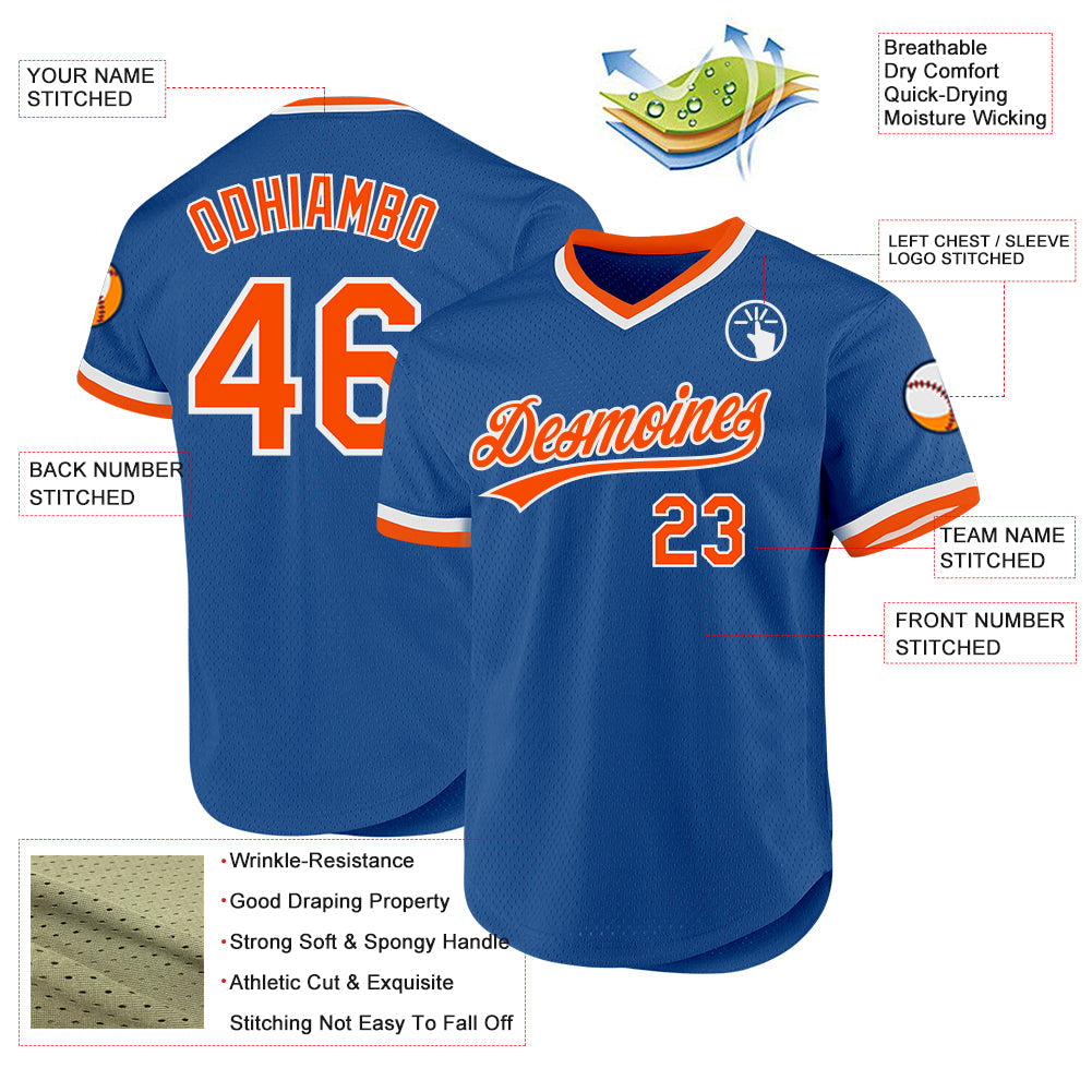 Custom Blue Orange-White Authentic Throwback Baseball Jersey view 3